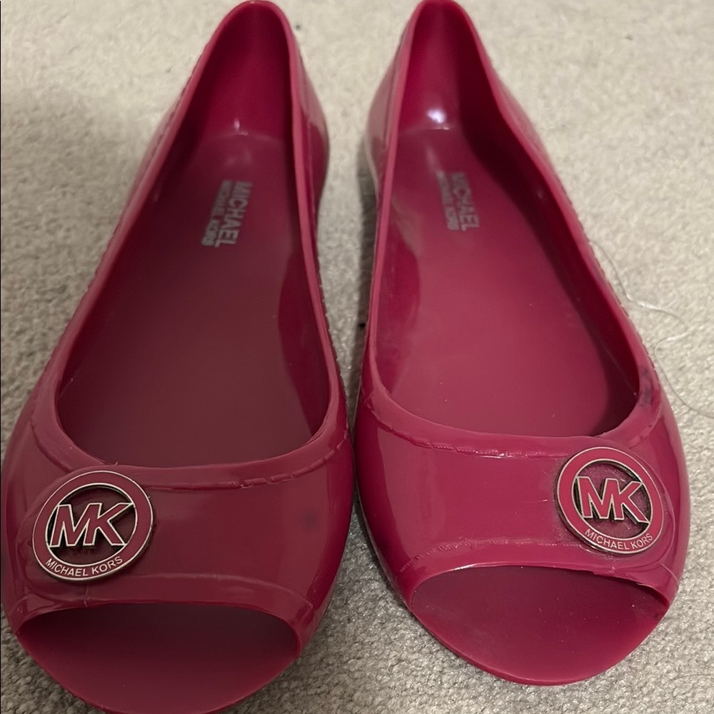 Michael Kors Pink Jelly Peep-Toe Flats with Logo Medallion